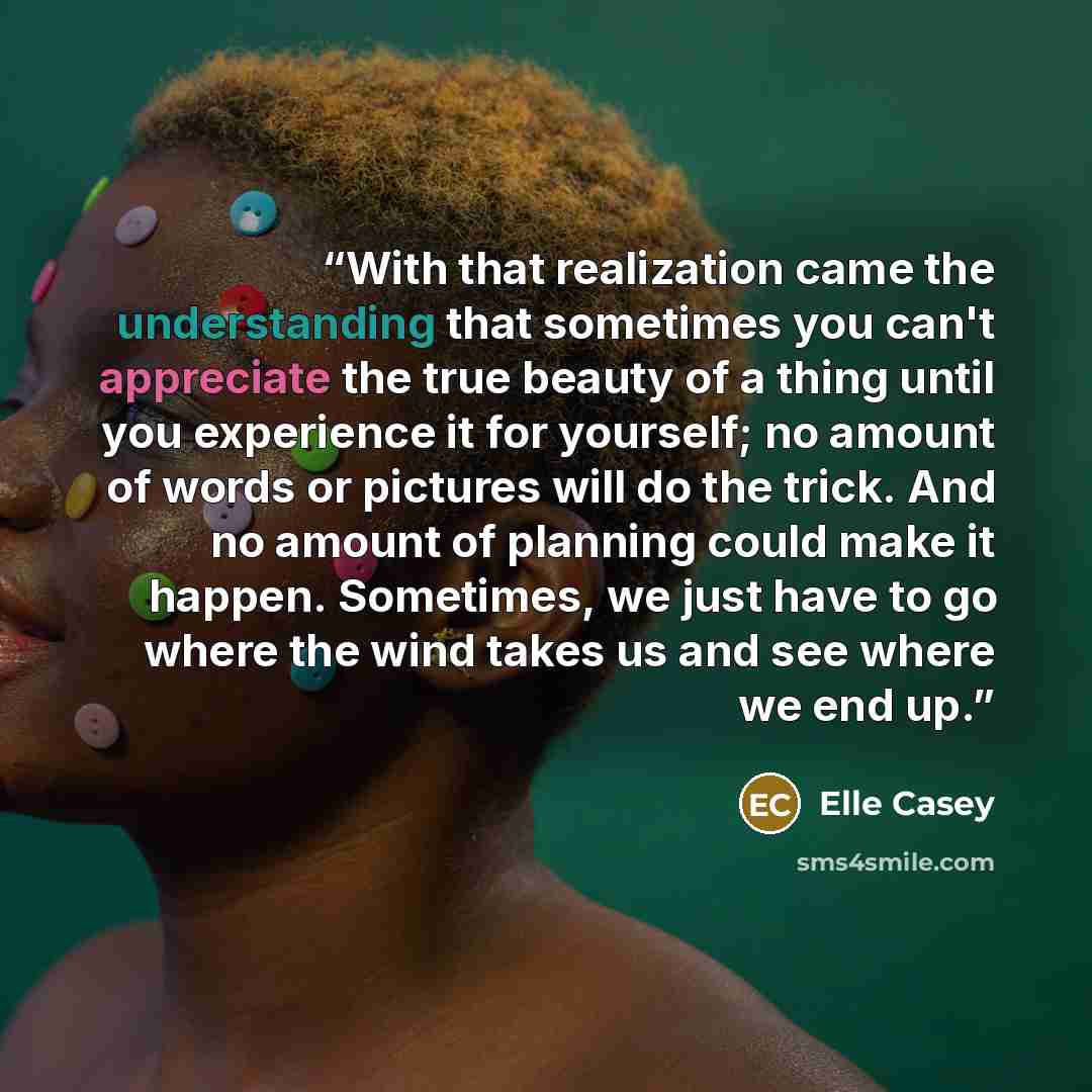 “With that realization came the understanding that sometimes you can't appreciate the true beauty of a thing until you experience it for yourself; no amount of words or pictures will do the trick. And no amount of planning could make it happen. Sometimes, we just have to go where the wind takes us…” quote by Elle Casey