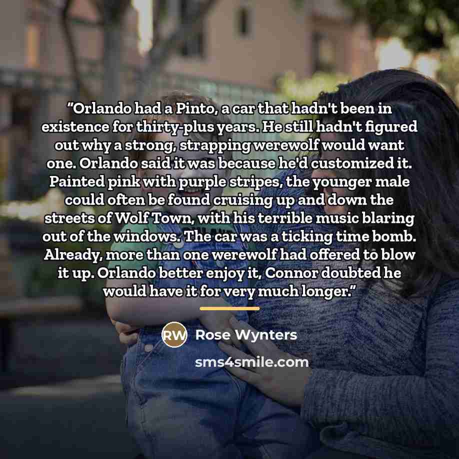 “Orlando had a Pinto, a car that hadn't been in existence for thirty-plus years. He still hadn't figured out why a strong, strapping werewolf would want one. Orlando said it was because he'd customized it. Painted pink with purple stripes, the younger male could often be found cruising up and down…” quote by Rose Wynters