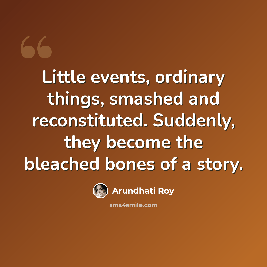 “Little events, ordinary things, smashed and reconstituted. Suddenly, they become the bleached bones of a story.” quote by Arundhati Roy