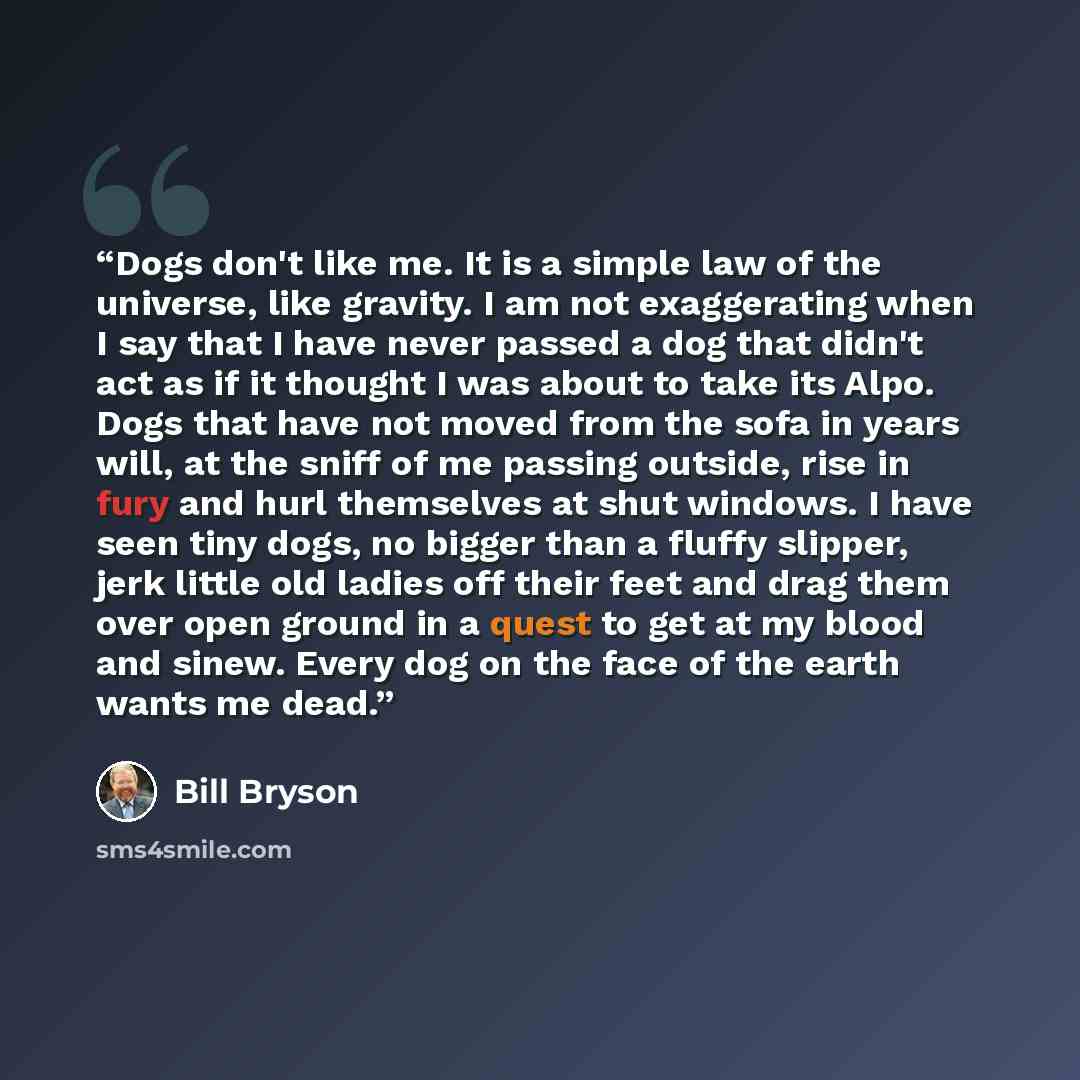 “Dogs don't like me. It is a simple law of the universe, like gravity. I am not exaggerating when I say that I have never passed a dog that didn't act as if it thought I was about to take its Alpo. Dogs that have not moved from the sofa in years will, at the sniff of me passing outside, rise in…” quote by Bill Bryson