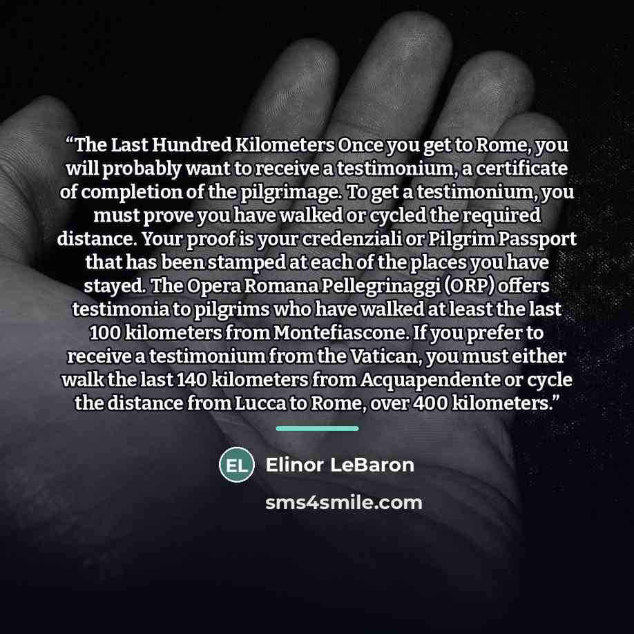 “The Last Hundred Kilometers Once you get to Rome, you will probably want to receive a testimonium, a certificate of completion of the pilgrimage. To get a testimonium, you must prove you have walked or cycled the required distance. Your proof is your credenziali or Pilgrim Passport that has been…” quote by Elinor LeBaron