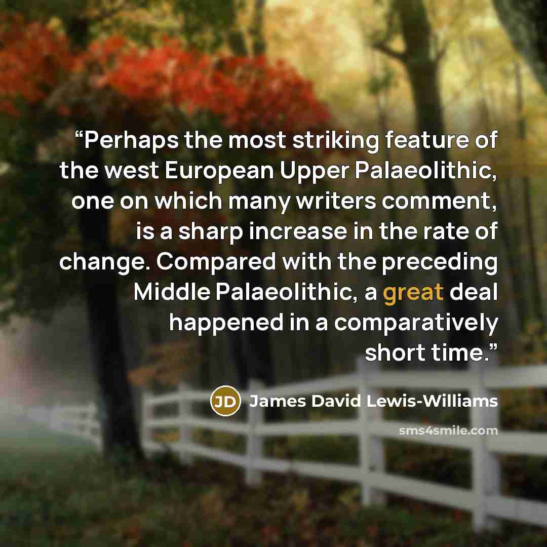 “Perhaps the most striking feature of the west European Upper Palaeolithic, one on which many writers comment, is a sharp increase in the rate of change. Compared with the preceding Middle Palaeolithic, a great deal happened in a comparatively short time.” quote by James David Lewis-Williams
