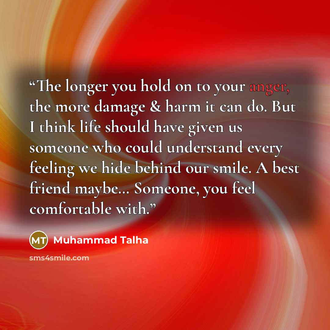 “The longer you hold on to your anger, the more damage & harm it can do. But I think life should have given us someone who could understand every feeling we hide behind our smile. A best friend maybe… Someone, you feel comfortable with.” quote by Muhammad Talha