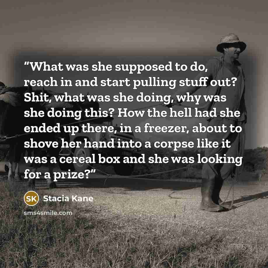 “What was she supposed to do, reach in and start pulling stuff out? Shit, what was she doing, why was she doing this? How the hell had she ended up there, in a freezer, about to shove her hand into a corpse like it was a cereal box and she was looking for a prize?” quote by Stacia Kane
