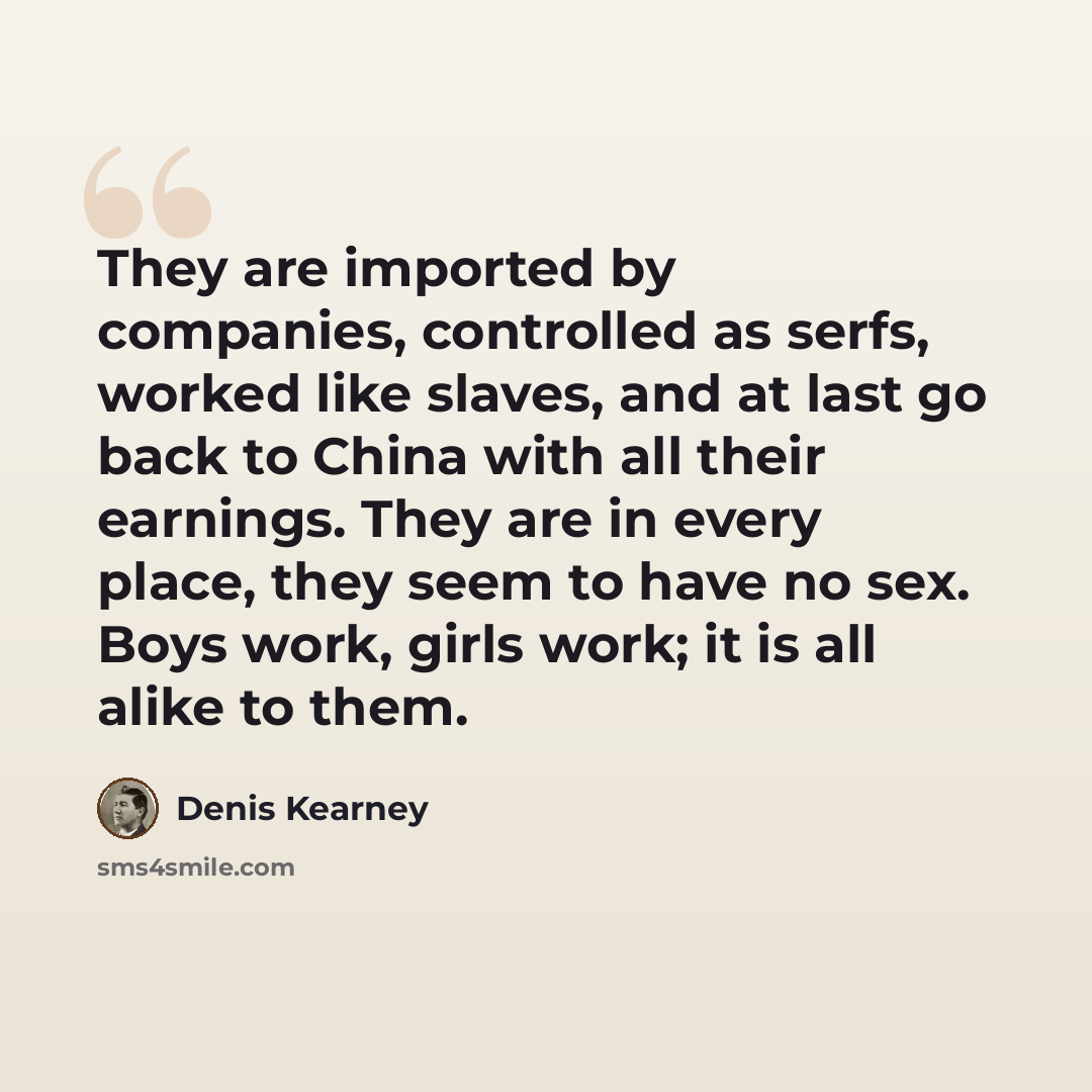 “They are imported by companies, controlled as serfs, worked like slaves, and at last go back to China with all their earnings. They are in every place, they seem to have no sex. Boys work, girls work; it is all alike to them.” quote by Denis Kearney