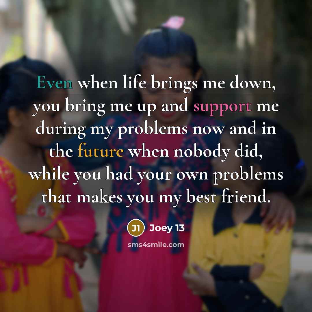 “Even when life brings me down, you bring me up and support me during my problems now and in the future when nobody did, while you had your own problems that makes you my best friend.” quote by Joey 13
