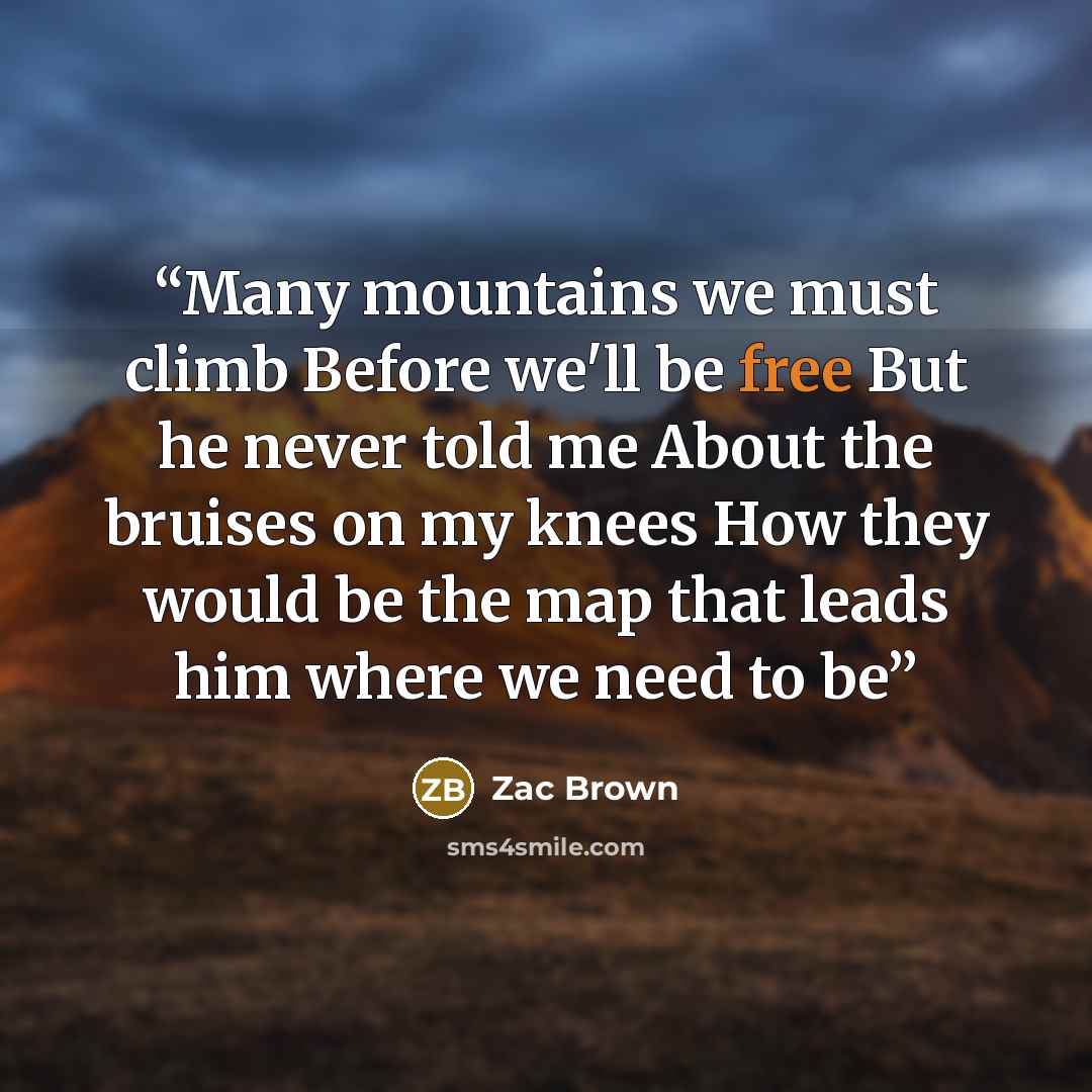 “Many mountains we must climb Before we'll be free But he never told me About the bruises on my knees How they would be the map that leads him where we need to be” quote by Zac Brown