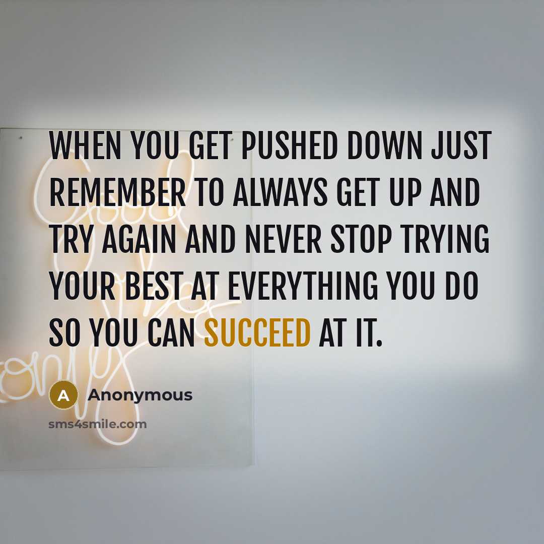 “When you get pushed down just remember to always get up and try again and never stop trying your best at everything you do so you can succeed at it.” quote by Anonymous