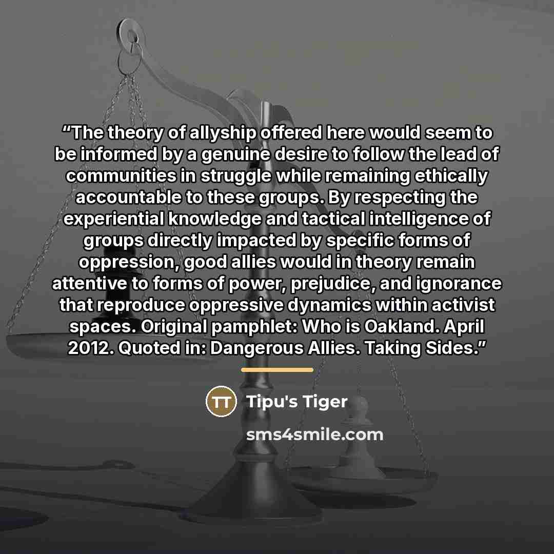 “The theory of allyship offered here would seem to be informed by a genuine desire to follow the lead of communities in struggle while remaining ethically accountable to these groups. By respecting the experiential knowledge and tactical intelligence of groups directly impacted by specific forms of…” quote by Tipu's Tiger
