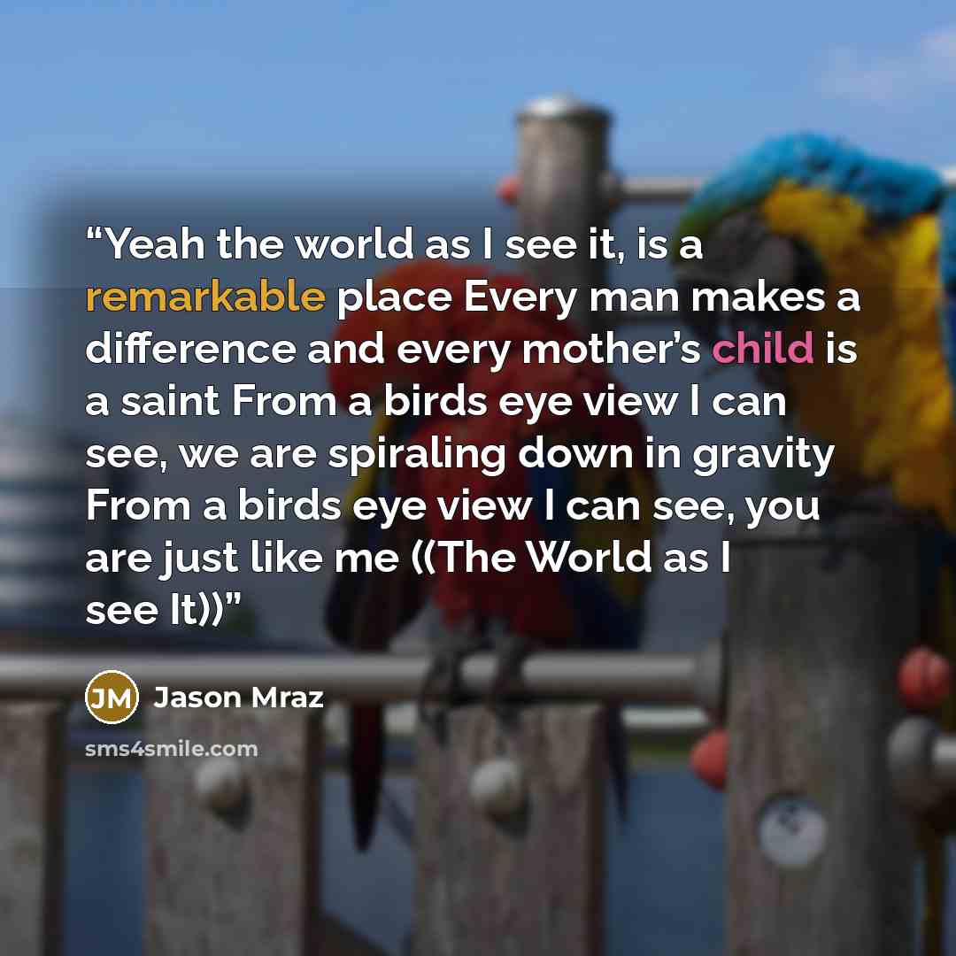 “Yeah the world as I see it, is a remarkable place Every man makes a difference and every mother’s child is a saint From a birds eye view I can see, we are spiraling down in gravity From a birds eye view I can see, you are just like me ((The World as I see It))” quote by Jason Mraz