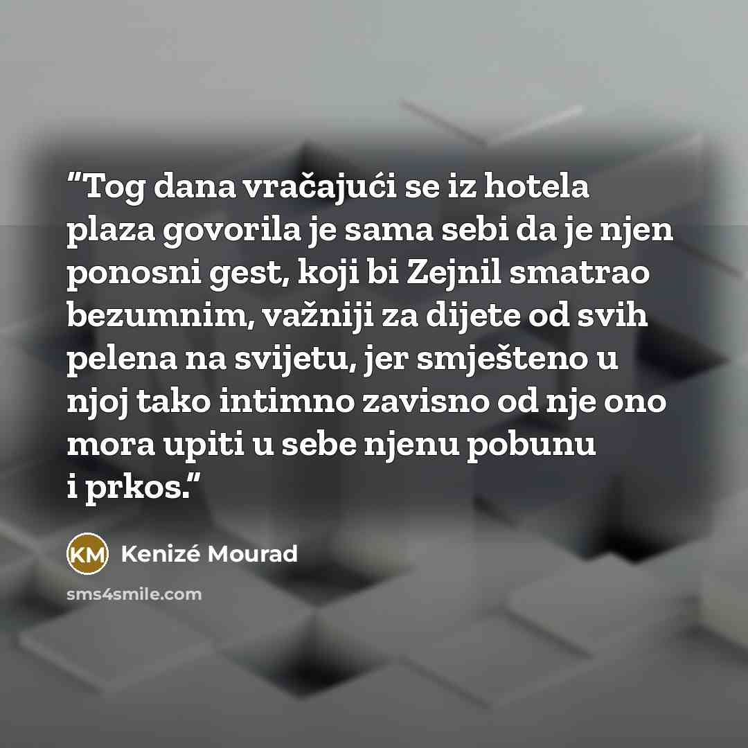“Tog dana vračajući se iz hotela plaza govorila je sama sebi da je njen ponosni gest, koji bi Zejnil smatrao bezumnim, važniji za dijete od svih pelena na svijetu, jer smješteno u njoj tako intimno zavisno od nje ono mora upiti u sebe njenu pobunu i prkos.” quote by Kenizé Mourad