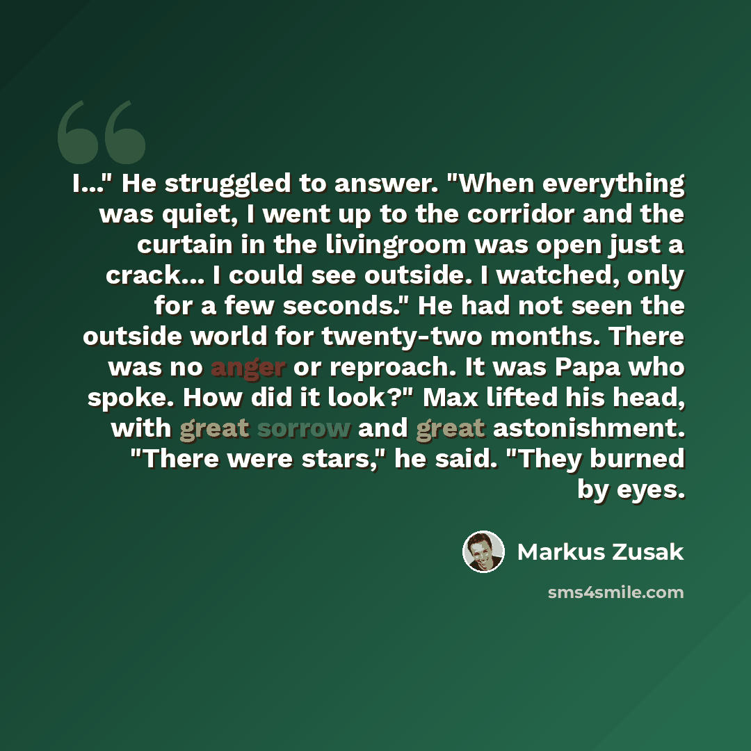 “I..." He struggled to answer. "When everything was quiet, I went up to the corridor and the curtain in the livingroom was open just a crack... I could see outside. I watched, only for a few seconds." He had not seen the outside world for twenty-two months. There was no anger or reproach. It was…” quote by Markus Zusak