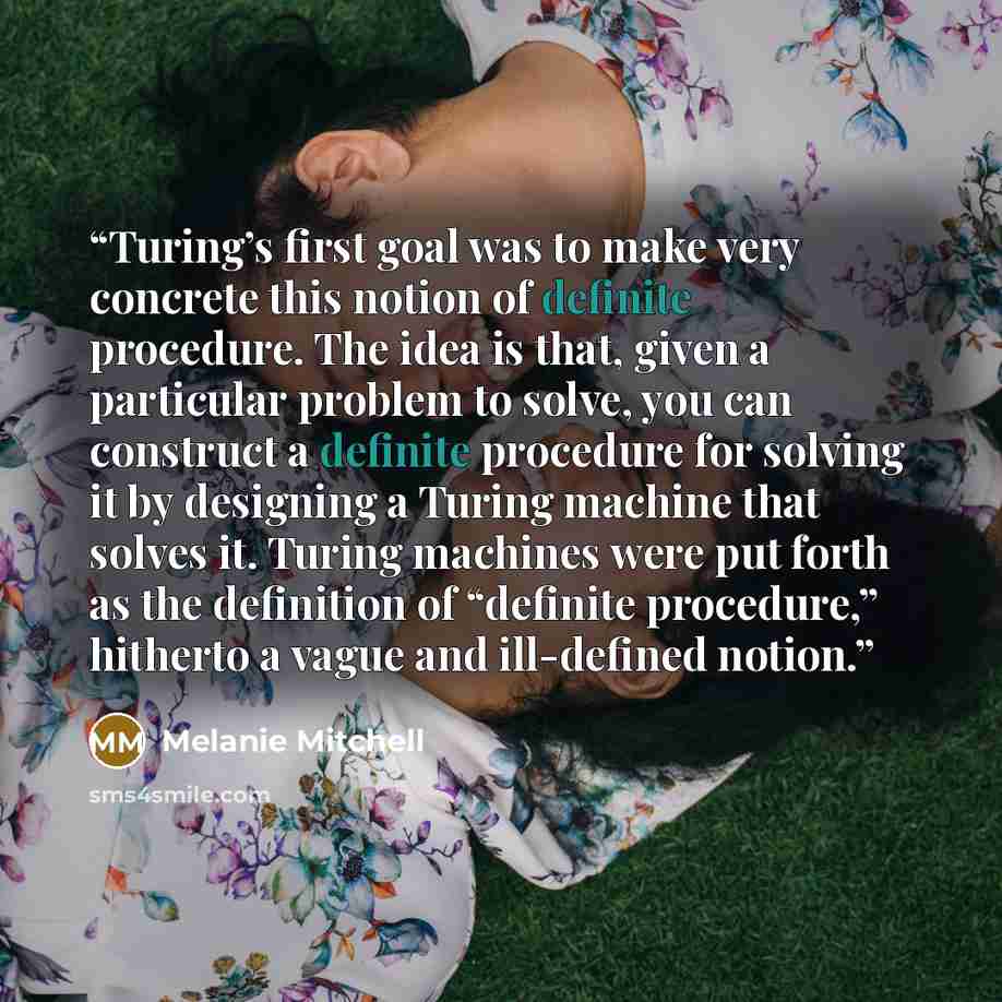 “Turing’s first goal was to make very concrete this notion of definite procedure. The idea is that, given a particular problem to solve, you can construct a definite procedure for solving it by designing a Turing machine that solves it. Turing machines were put forth as the definition of “definite…” quote by Melanie Mitchell
