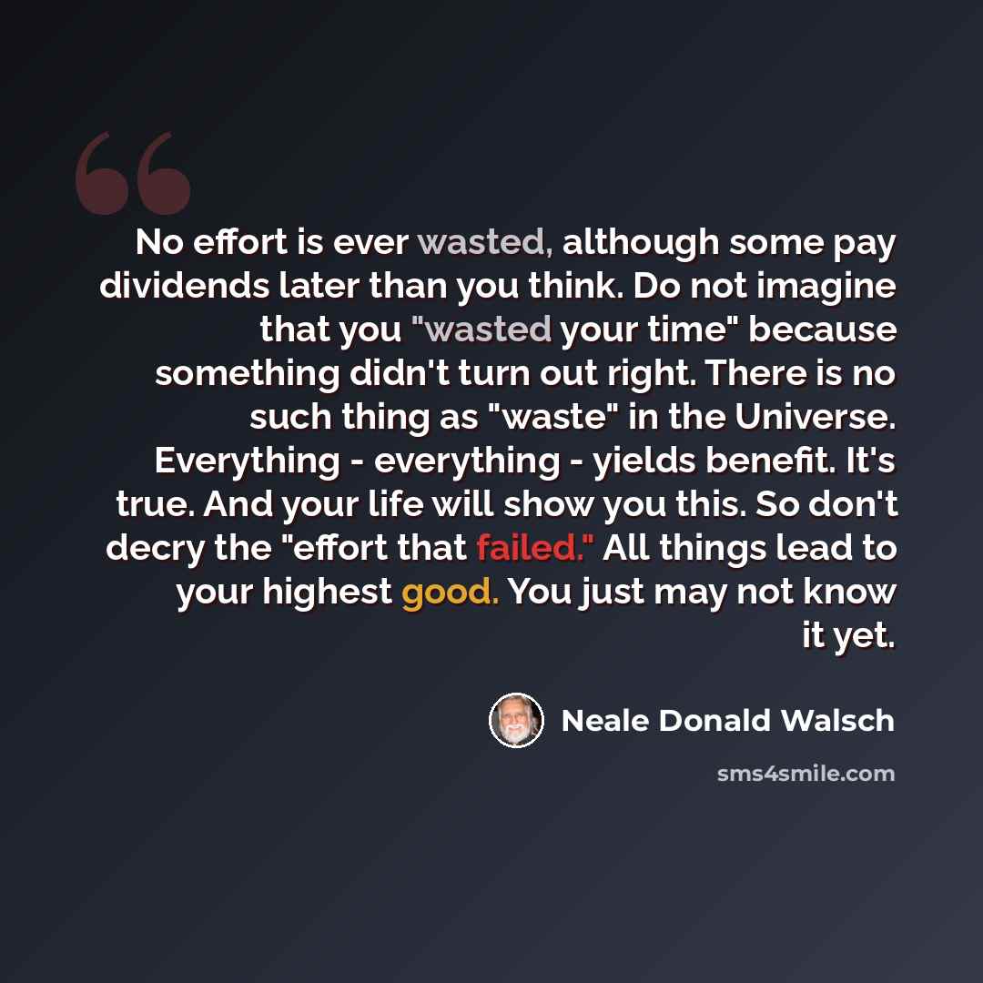 “No effort is ever wasted, although some pay dividends later than you think. Do not imagine that you "wasted your time" because something didn't turn out right. There is no such thing as "waste" in the Universe. Everything - everything - yields benefit. It's true. And your life will show you this…” quote by Neale Donald Walsch