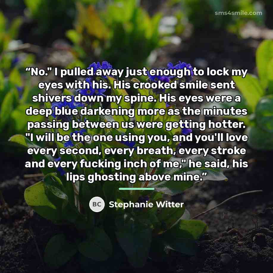 “No." I pulled away just enough to lock my eyes with his. His crooked smile sent shivers down my spine. His eyes were a deep blue darkening more as the minutes passing between us were getting hotter. "I will be the one using you, and you'll love every second, every breath, every stroke and every…” quote by Stephanie Witter