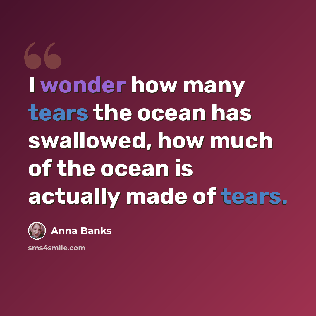 “I wonder how many tears the ocean has swallowed, how much of the ocean is actually made of tears.” quote by Anna Banks