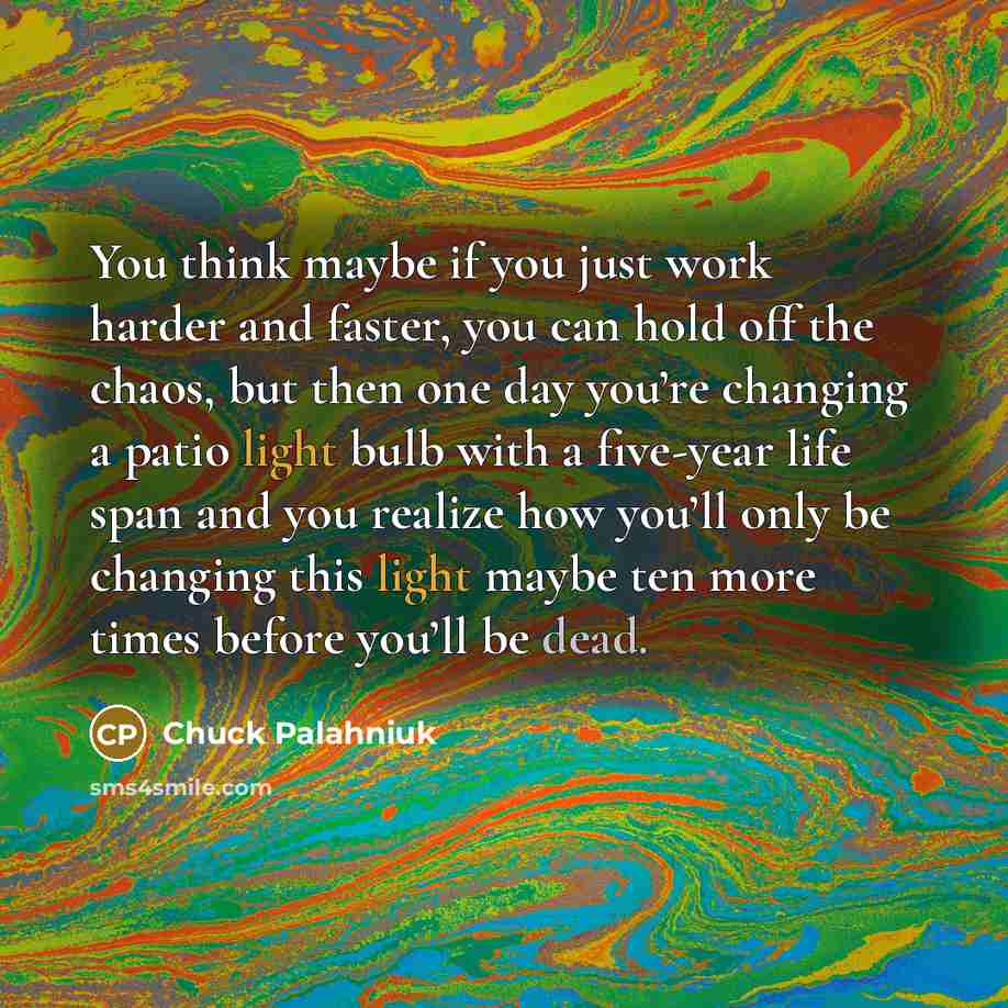 “You think maybe if you just work harder and faster, you can hold off the chaos, but then one day you’re changing a patio light bulb with a five-year life span and you realize how you’ll only be changing this light maybe ten more times before you’ll be dead.” quote by Chuck Palahniuk