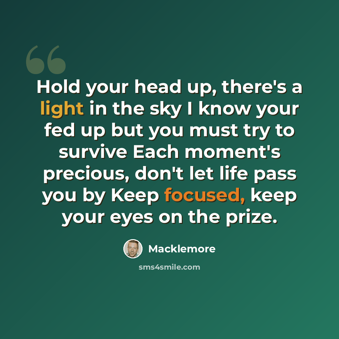 “Hold your head up, there's a light in the sky I know your fed up but you must try to survive Each moment's precious, don't let life pass you by Keep focused, keep your eyes on the prize.” quote by Macklemore