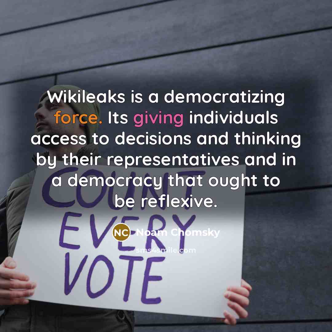 “Wikileaks is a democratizing force. Its giving individuals access to decisions and thinking by their representatives and in a democracy that ought to be reflexive.” quote by Noam Chomsky