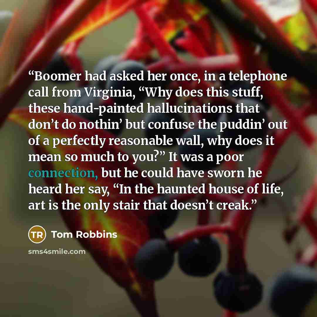 “Boomer had asked her once, in a telephone call from Virginia, “Why does this stuff, these hand-painted hallucinations that don’t do nothin’ but confuse the puddin’ out of a perfectly reasonable wall, why does it mean so much to you?” It was a poor connection, but he could have sworn he heard her…” quote by Tom Robbins