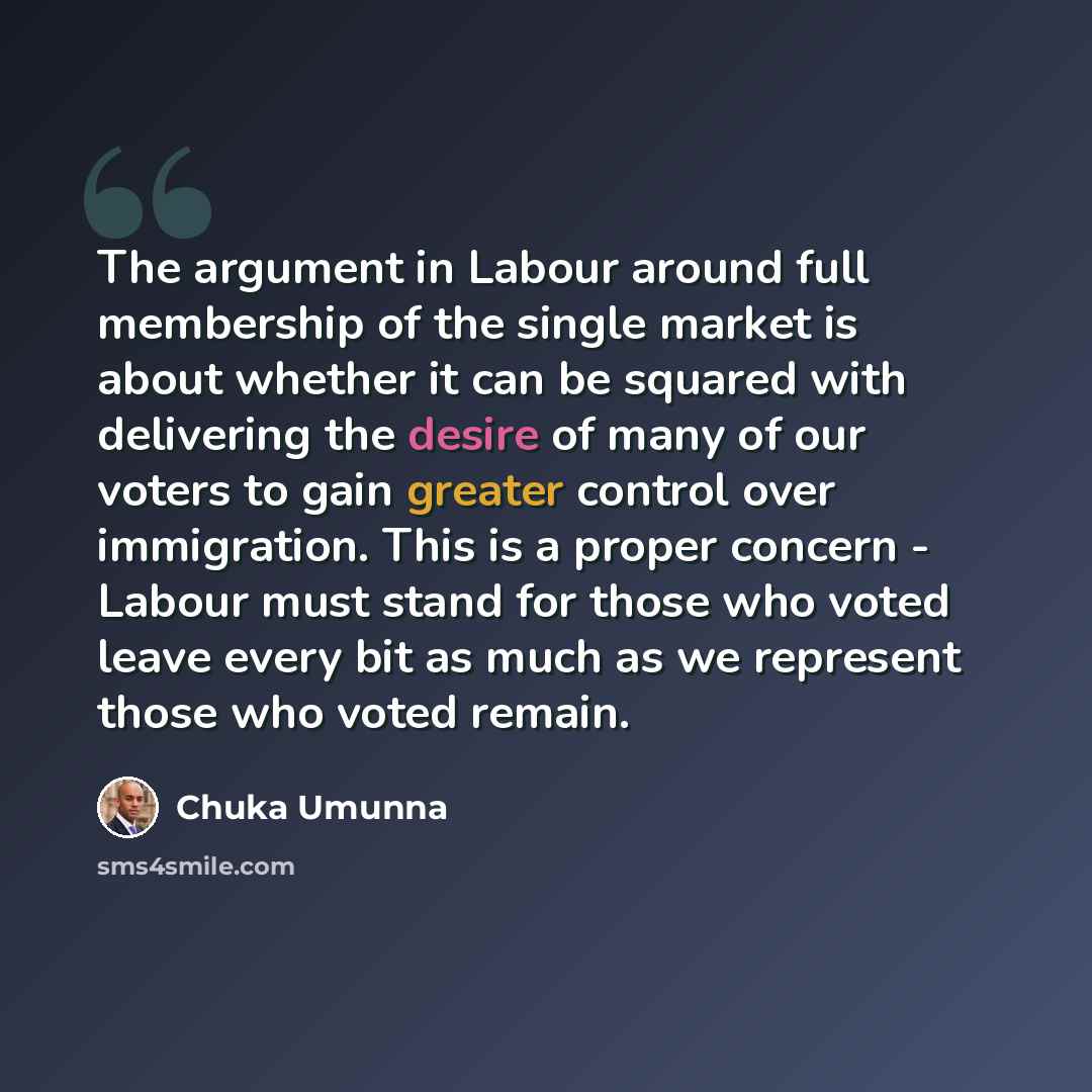 “The argument in Labour around full membership of the single market is about whether it can be squared with delivering the desire of many of our voters to gain greater control over immigration. This is a proper concern - Labour must stand for those who voted leave every bit as much as we represent…” quote by Chuka Umunna