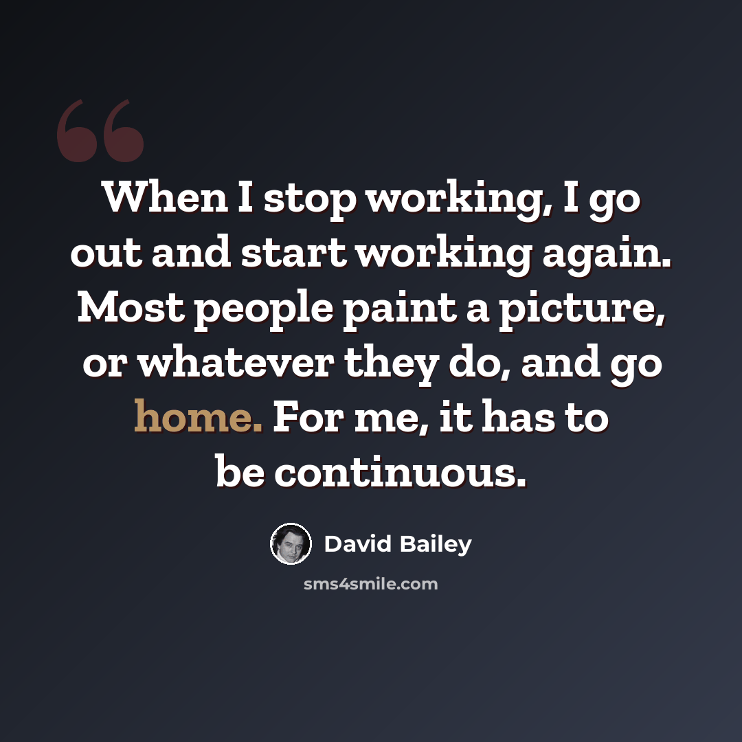 “When I stop working, I go out and start working again. Most people paint a picture, or whatever they do, and go home. For me, it has to be continuous.” quote by David Bailey