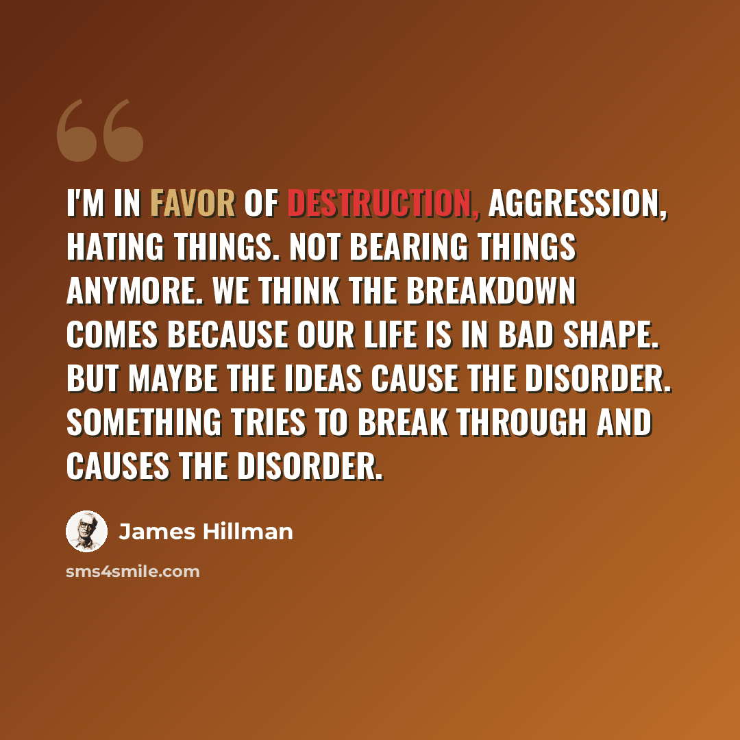 “I'm in favor of destruction, aggression, hating things. Not bearing things anymore. We think the breakdown comes because our life is in bad shape. But maybe the ideas cause the disorder. Something tries to break through and causes the disorder.” quote by James Hillman