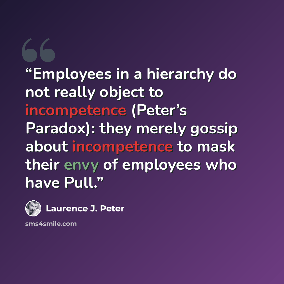 “Employees in a hierarchy do not really object to incompetence (Peter’s Paradox): they merely gossip about incompetence to mask their envy of employees who have Pull.” quote by Laurence J. Peter