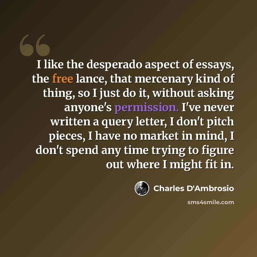 “I like the desperado aspect of essays, the free lance, that mercenary kind of thing, so I just do it, without asking anyone's permission. I've never written a query letter, I don't pitch pieces, I have no market in mind, I don't spend any time trying to figure out where I might fit in.” quote by Charles D'Ambrosio