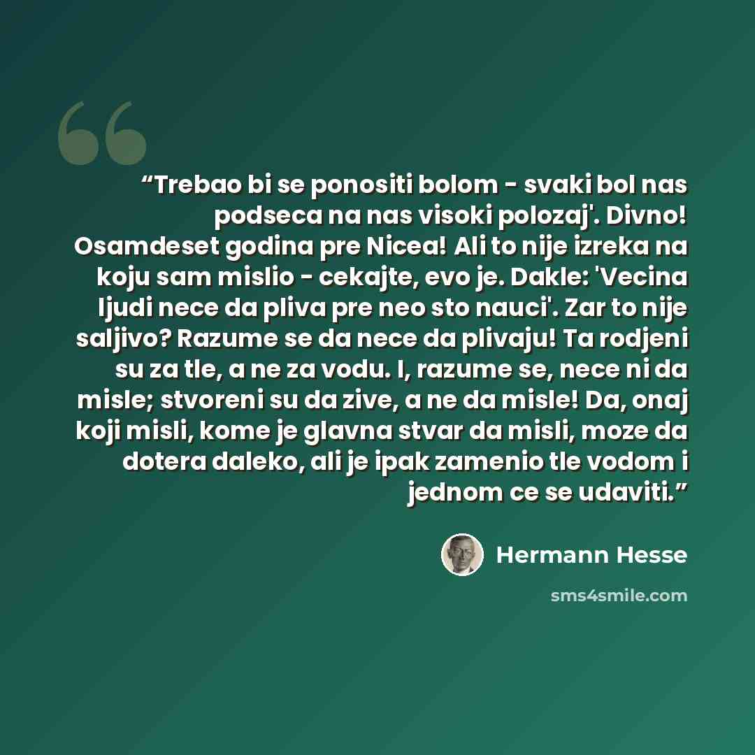 “Trebao bi se ponositi bolom - svaki bol nas podseca na nas visoki polozaj'. Divno! Osamdeset godina pre Nicea! Ali to nije izreka na koju sam mislio - cekajte, evo je. Dakle: 'Vecina ljudi nece da pliva pre neo sto nauci'. Zar to nije saljivo? Razume se da nece da plivaju! Ta rodjeni su za tle, a…” quote by Hermann Hesse