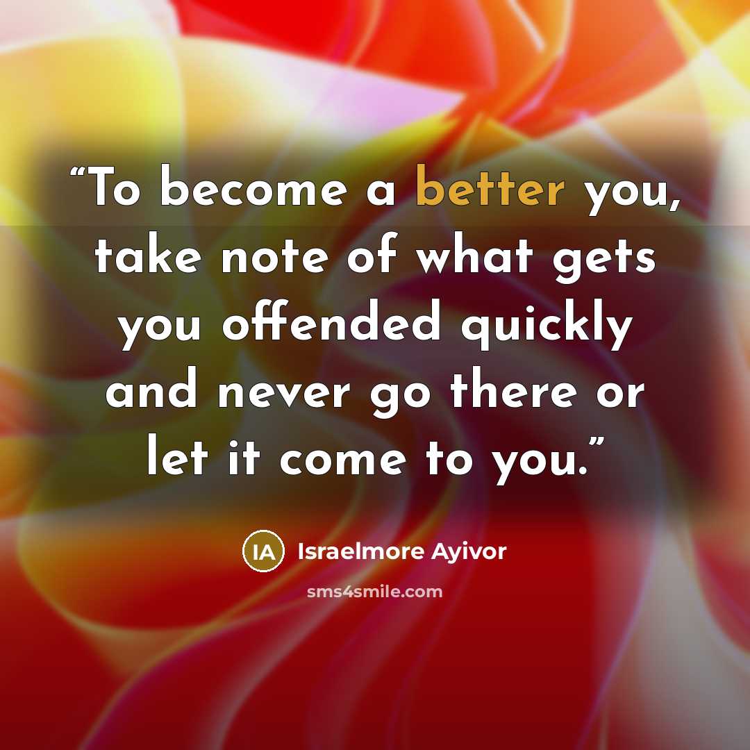 “To become a better you, take note of what gets you offended quickly and never go there or let it come to you.” quote by Israelmore Ayivor