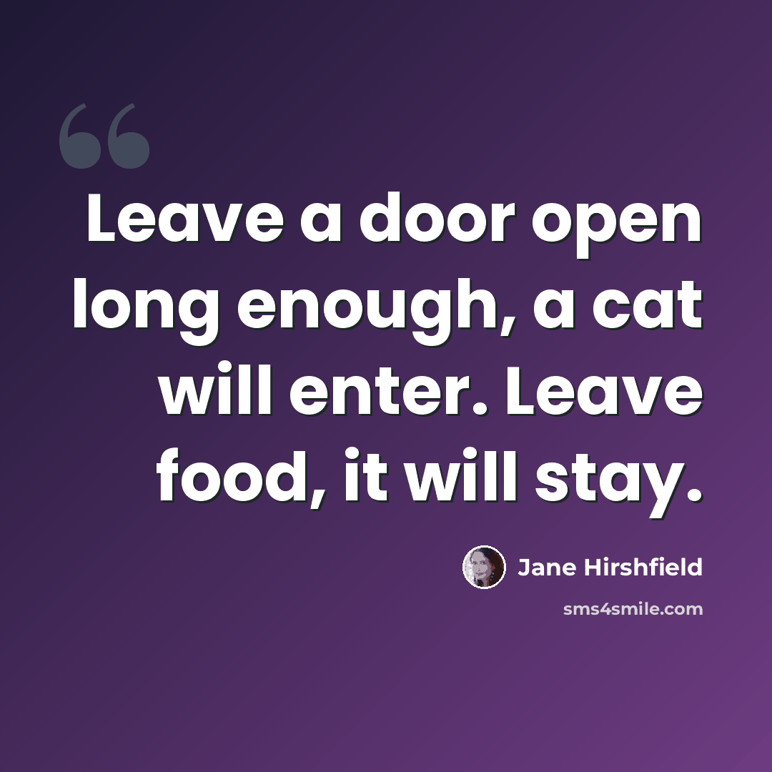 “Leave a door open long enough, a cat will enter. Leave food, it will stay.” quote by Jane Hirshfield