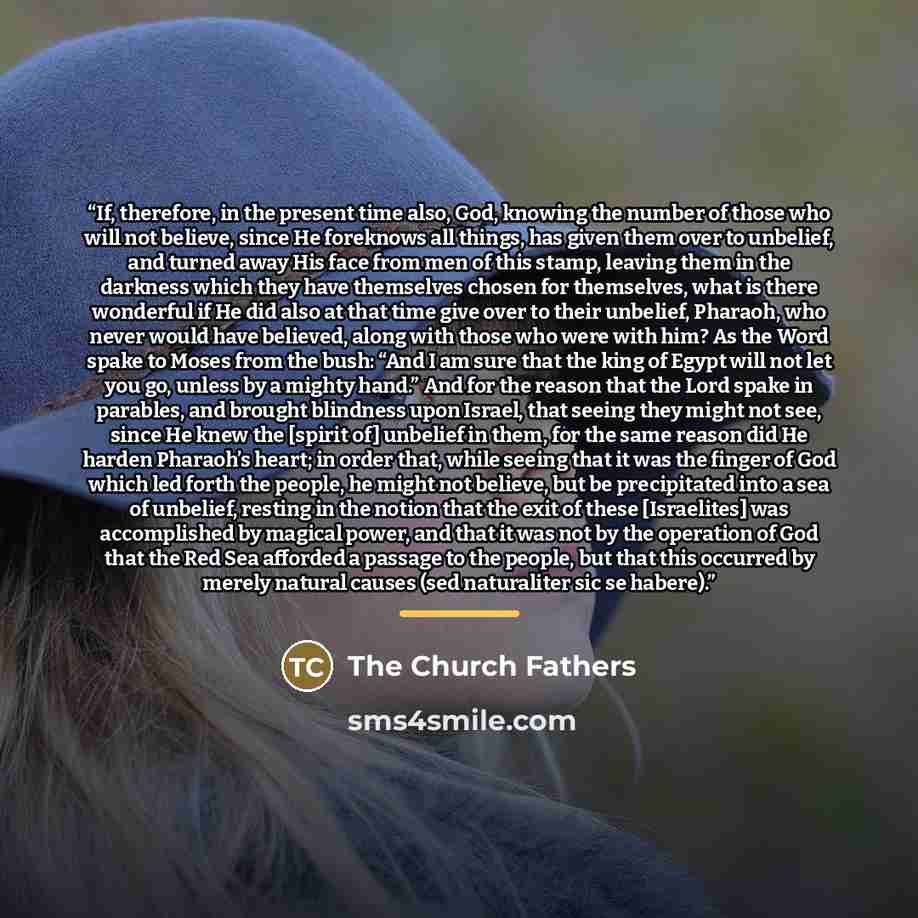 “If, therefore, in the present time also, God, knowing the number of those who will not believe, since He foreknows all things, has given them over to unbelief, and turned away His face from men of this stamp, leaving them in the darkness which they have themselves chosen for themselves, what is…” quote by The Church Fathers