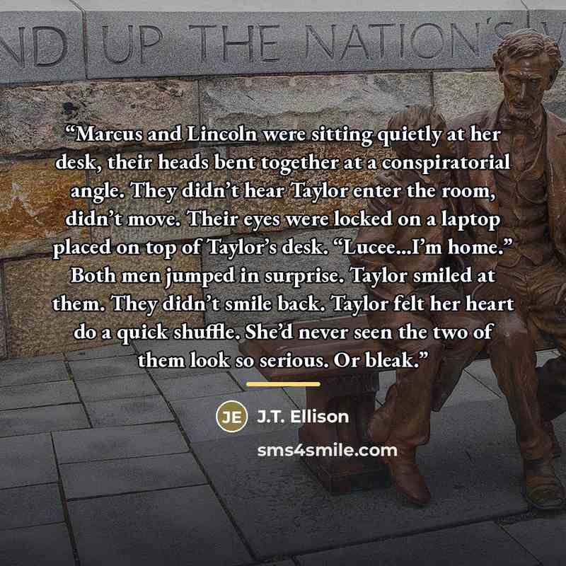 “Marcus and Lincoln were sitting quietly at her desk, their heads bent together at a conspiratorial angle. They didn’t hear Taylor enter the room, didn’t move. Their eyes were locked on a laptop placed on top of Taylor’s desk. “Lucee…I’m home.” Both men jumped in surprise. Taylor smiled at them…” quote by J.T. Ellison
