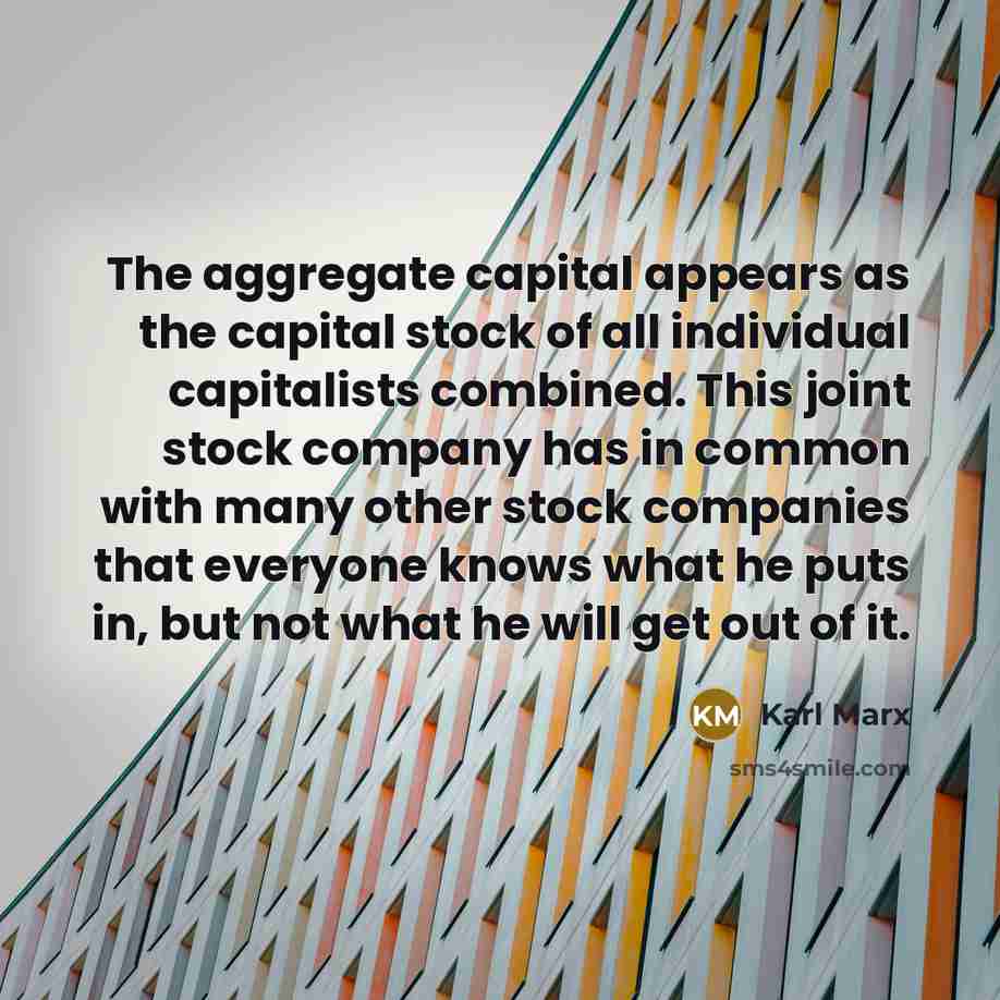 “The aggregate capital appears as the capital stock of all individual capitalists combined. This joint stock company has in common with many other stock companies that everyone knows what he puts in, but not what he will get out of it.” quote by Karl Marx