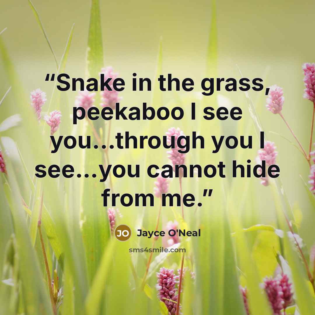 “Snake in the grass, peekaboo I see you...through you I see…you cannot hide from me.” quote by Jayce O'Neal
