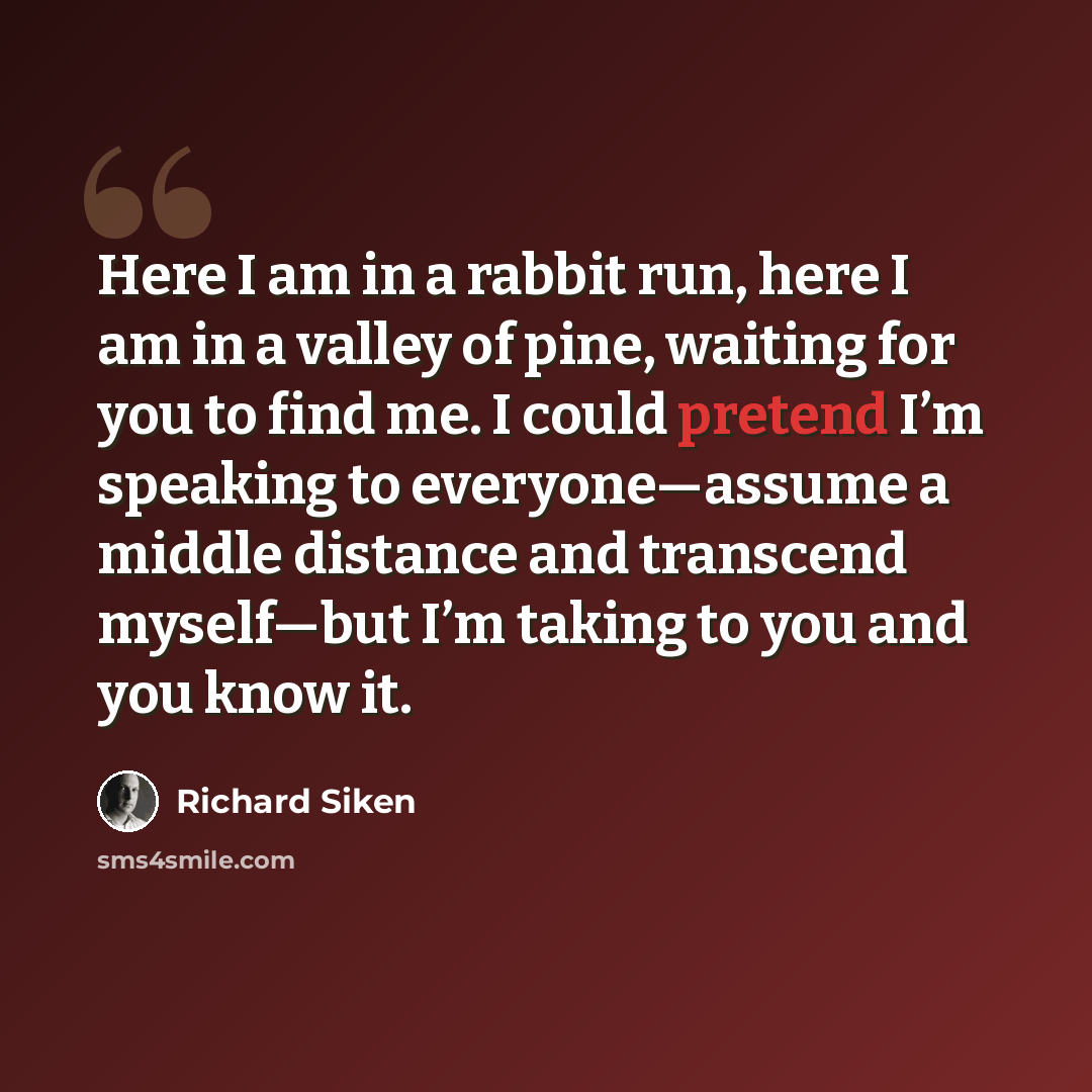 “Here I am in a rabbit run, here I am in a valley of pine, waiting for you to find me. I could pretend I’m speaking to everyone—assume a middle distance and transcend myself—but I’m taking to you and you know it.” quote by Richard Siken
