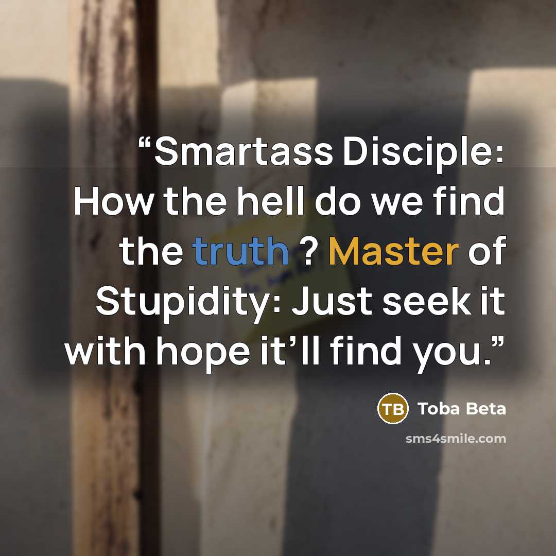 “Smartass Disciple: How the hell do we find the truth ? Master of Stupidity: Just seek it with hope it’ll find you.” quote by Toba Beta