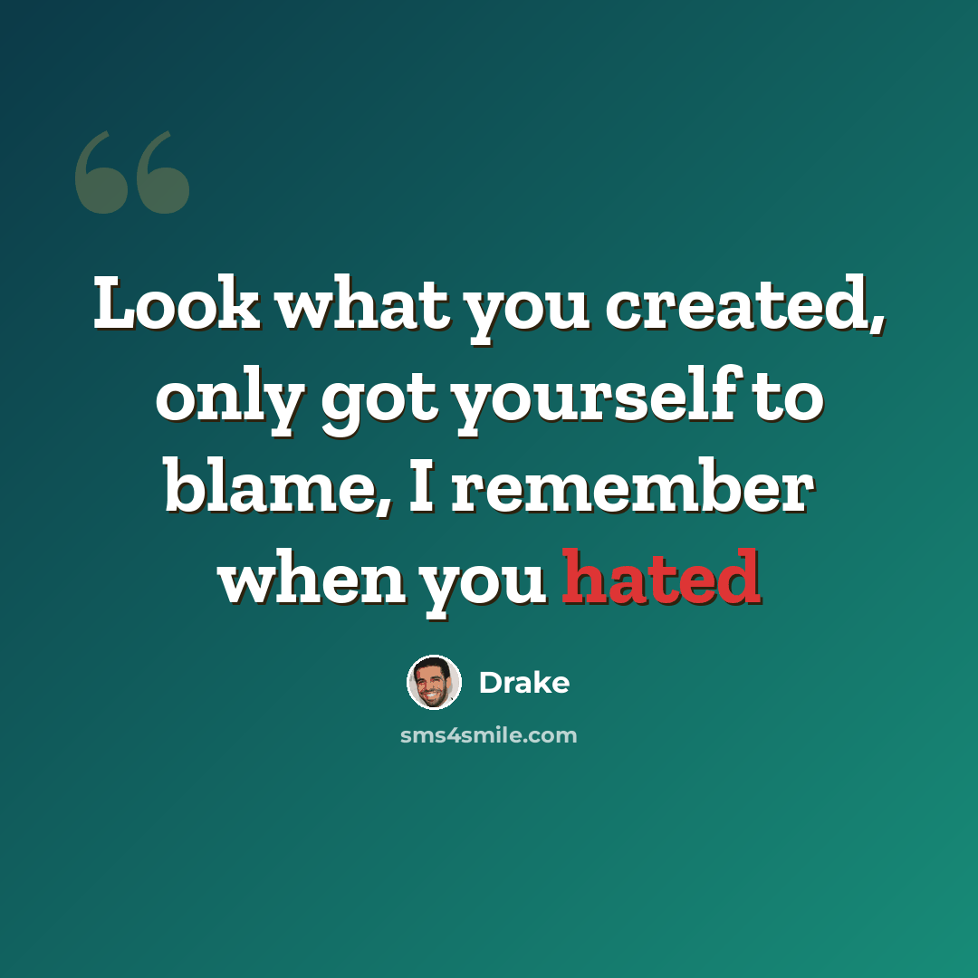 “Look what you created, only got yourself to blame, I remember when you hated” quote by Drake