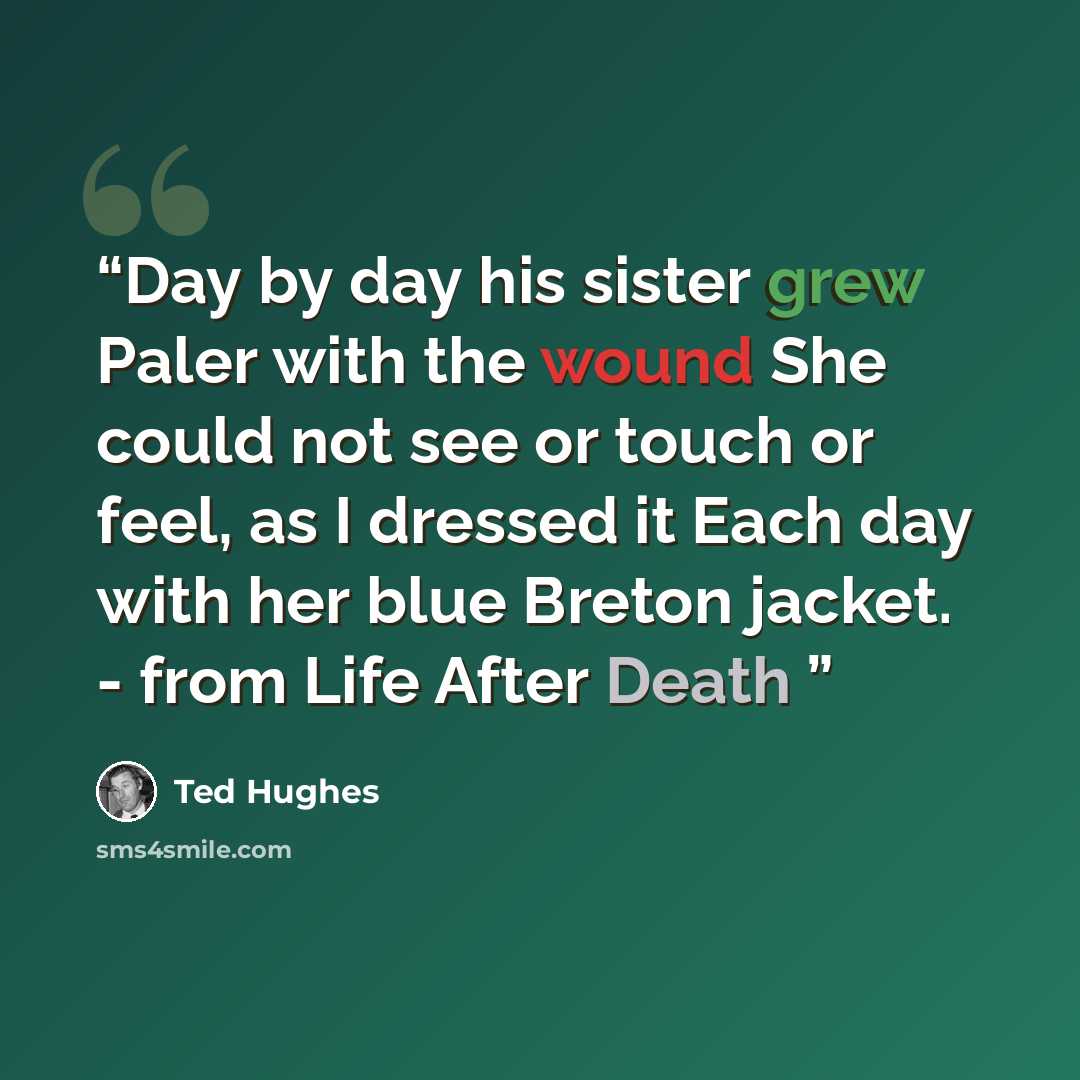 “Day by day his sister grew Paler with the wound She could not see or touch or feel, as I dressed it Each day with her blue Breton jacket. - from Life After Death” quote by Ted Hughes