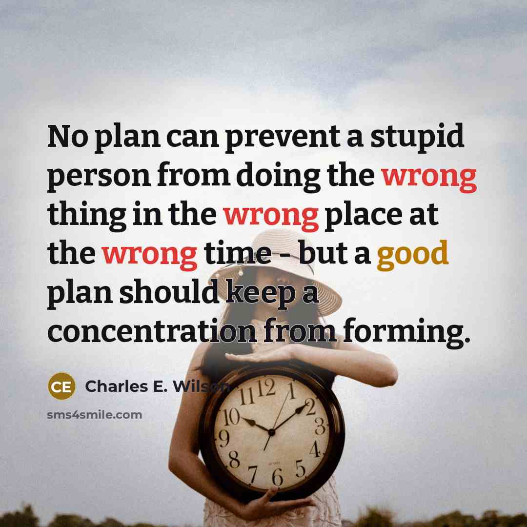 “No plan can prevent a stupid person from doing the wrong thing in the wrong place at the wrong time - but a good plan should keep a concentration from forming.” quote by Charles E. Wilson