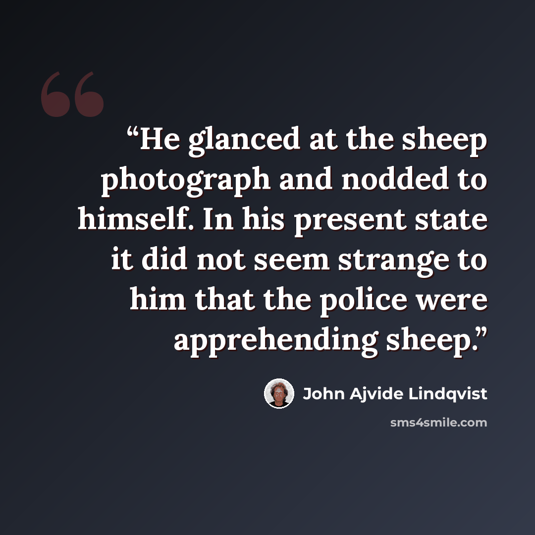 “He glanced at the sheep photograph and nodded to himself. In his present state it did not seem strange to him that the police were apprehending sheep.” quote by John Ajvide Lindqvist