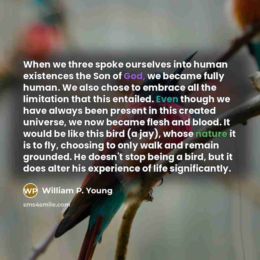 “When we three spoke ourselves into human existences the Son of God, we became fully human. We also chose to embrace all the limitation that this entailed. Even though we have always been present in this created universe, we now became flesh and blood. It would be like this bird (a jay), whose…” quote by William P. Young