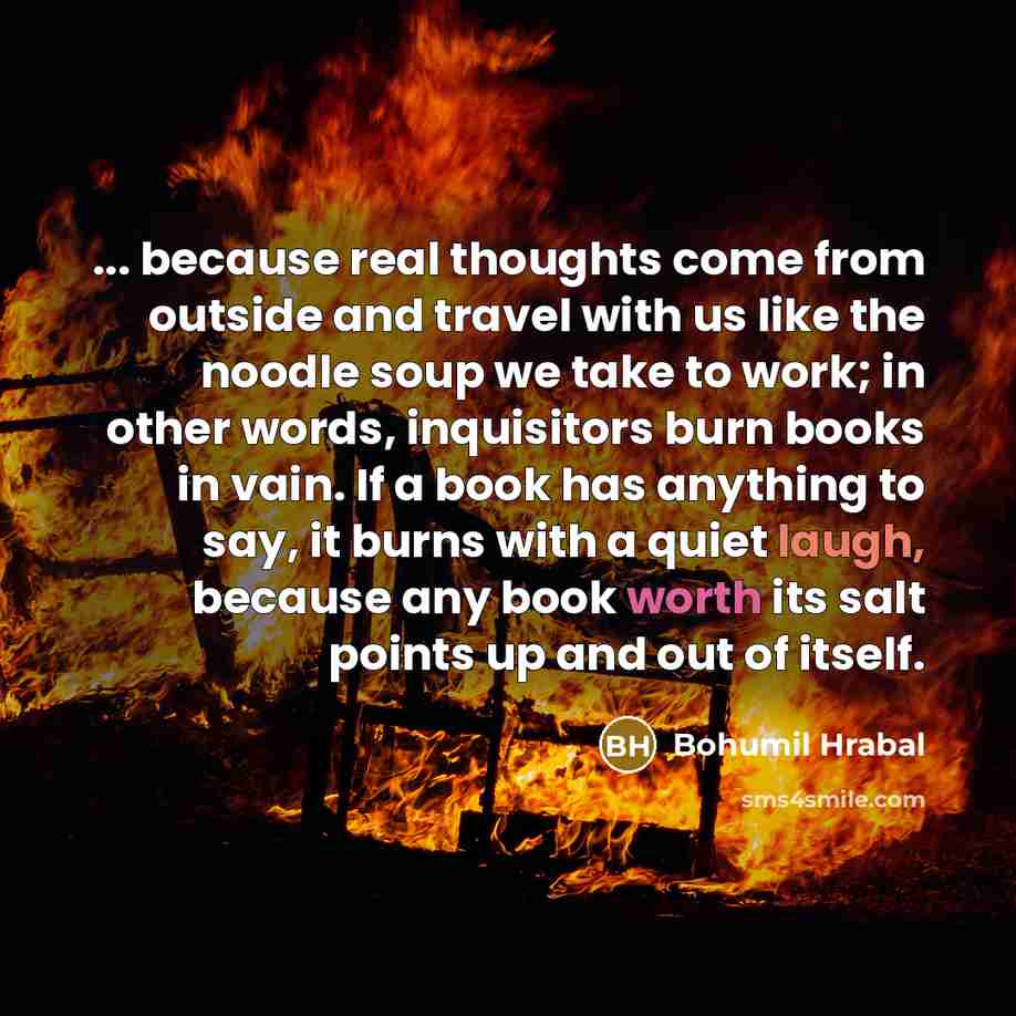 “... because real thoughts come from outside and travel with us like the noodle soup we take to work; in other words, inquisitors burn books in vain. If a book has anything to say, it burns with a quiet laugh, because any book worth its salt points up and out of itself.” quote by Bohumil Hrabal