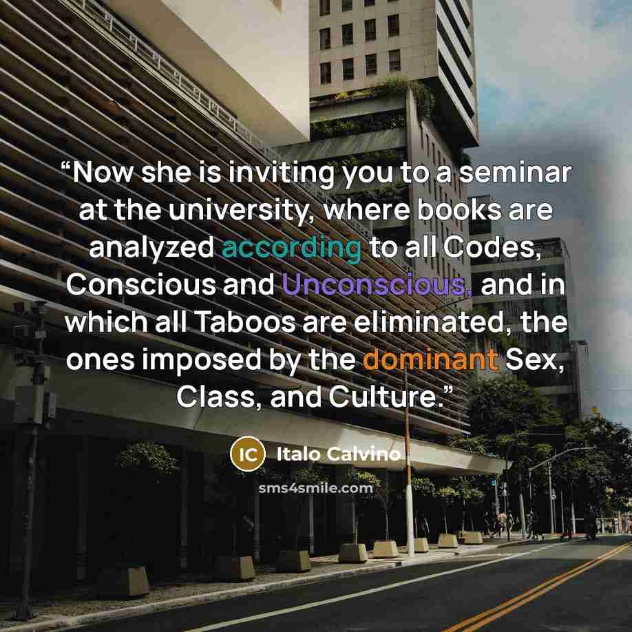 “Now she is inviting you to a seminar at the university, where books are analyzed according to all Codes, Conscious and Unconscious, and in which all Taboos are eliminated, the ones imposed by the dominant Sex, Class, and Culture.” quote by Italo Calvino