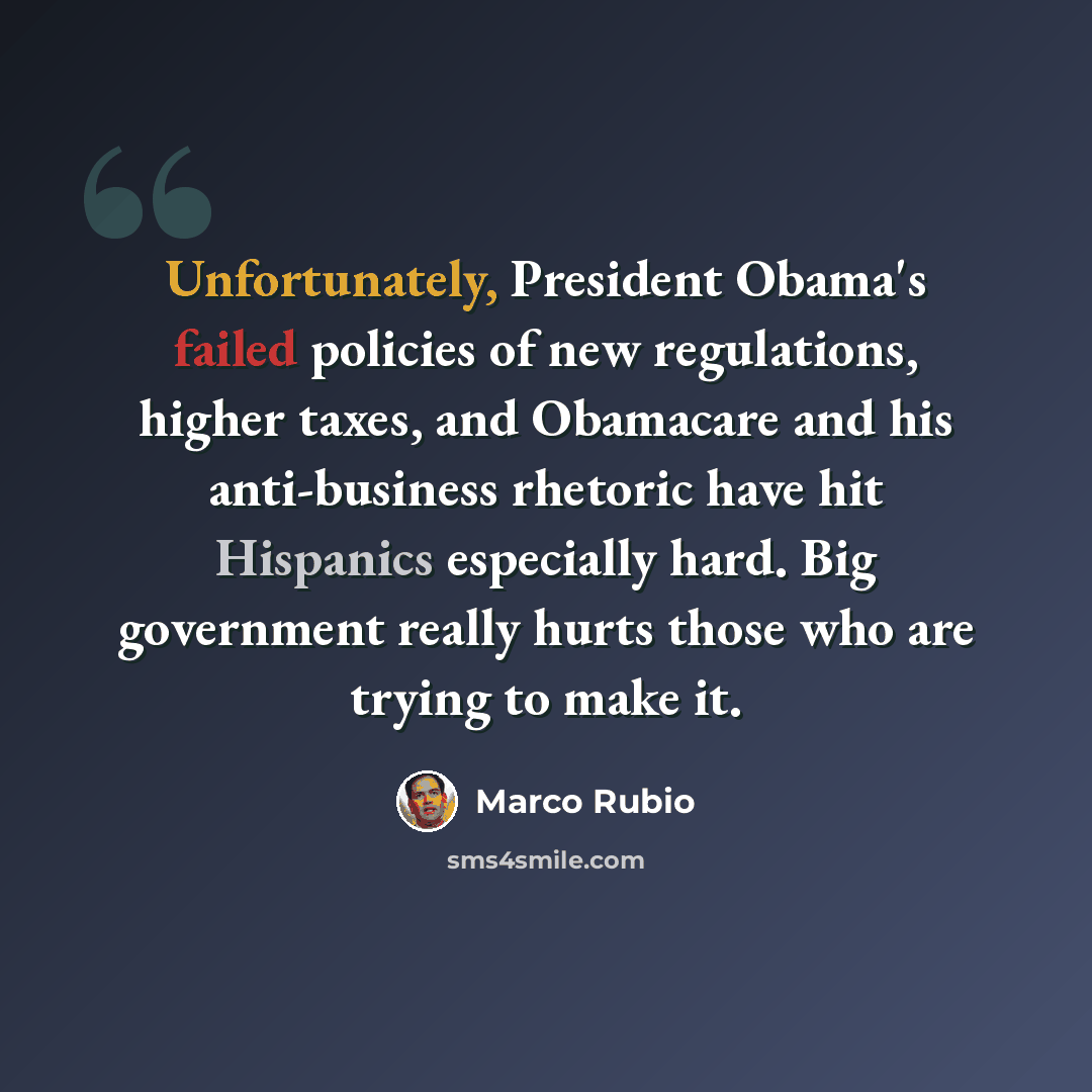 “Unfortunately, President Obama's failed policies of new regulations, higher taxes, and Obamacare and his anti-business rhetoric have hit Hispanics especially hard. Big government really hurts those who are trying to make it.” quote by Marco Rubio