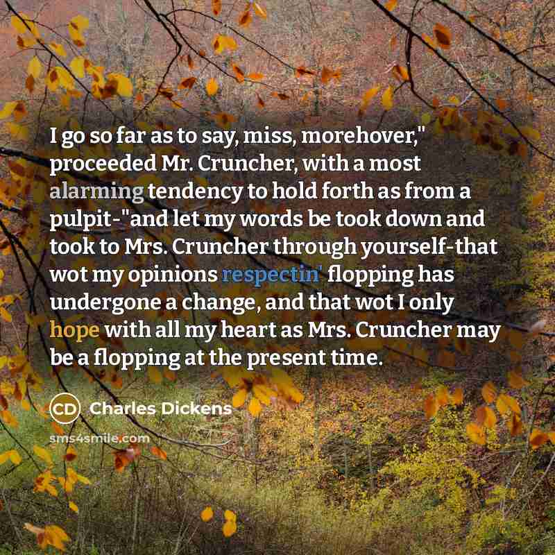“I go so far as to say, miss, morehover," proceeded Mr. Cruncher, with a most alarming tendency to hold forth as from a pulpit-"and let my words be took down and took to Mrs. Cruncher through yourself-that wot my opinions respectin' flopping has undergone a change, and that wot I only hope with all…” quote by Charles Dickens