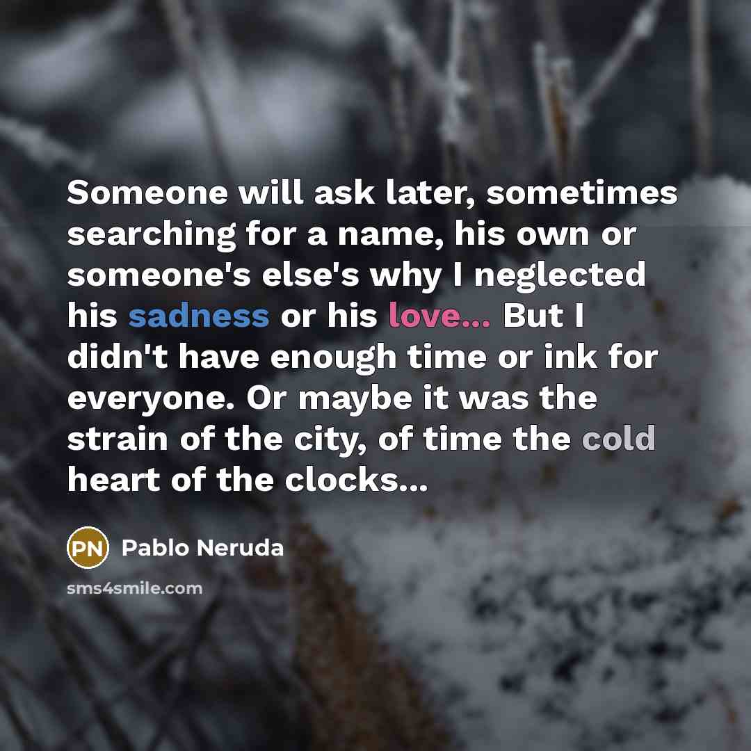 “Someone will ask later, sometimes searching for a name, his own or someone's else's why I neglected his sadness or his love... But I didn't have enough time or ink for everyone. Or maybe it was the strain of the city, of time the cold heart of the clocks...” quote by Pablo Neruda