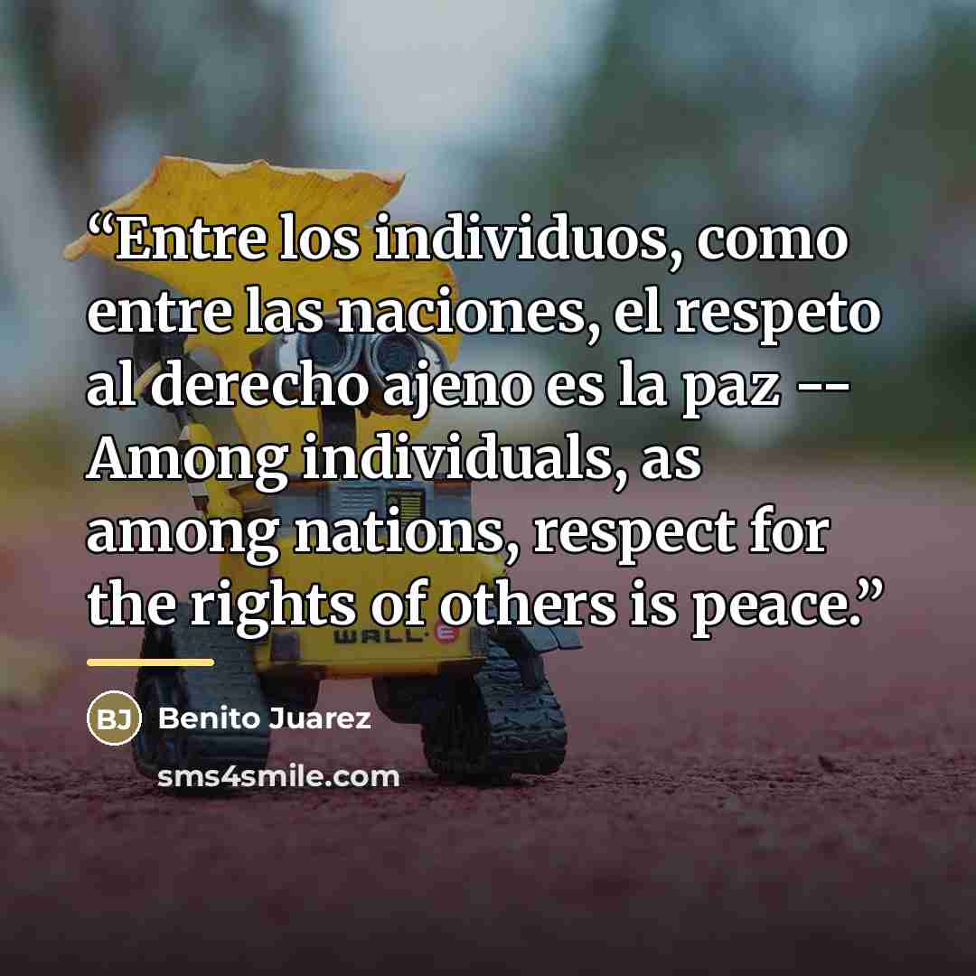 “Entre los individuos, como entre las naciones, el respeto al derecho ajeno es la paz -- Among individuals, as among nations, respect for the rights of others is peace.” quote by Benito Juárez
