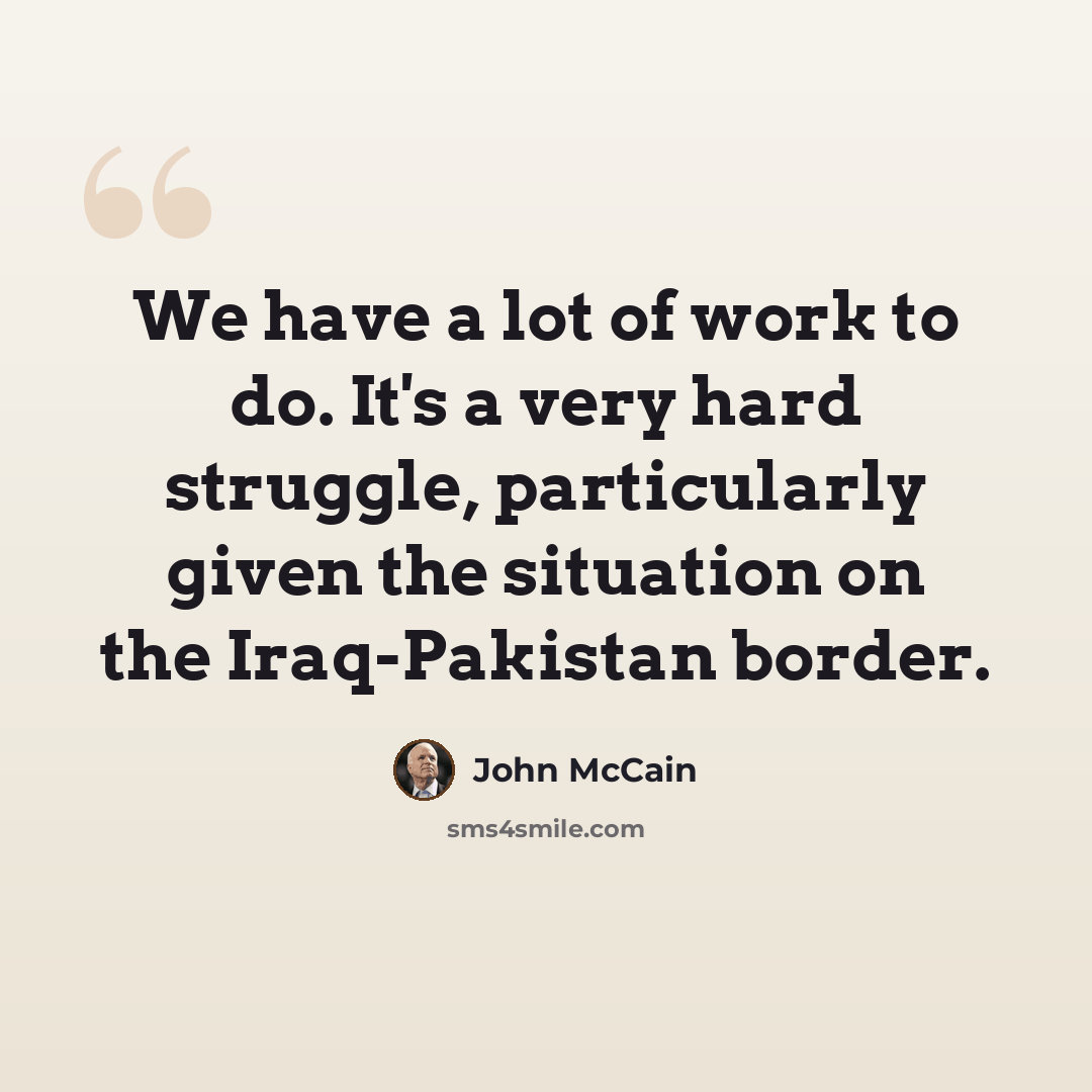 “We have a lot of work to do. It's a very hard struggle, particularly given the situation on the Iraq-Pakistan border.” quote by John McCain